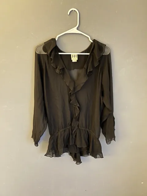 Haute Hippie Women’s Size S Long Sleeve Ruffle Silk Sheer Shirt Black Blouse