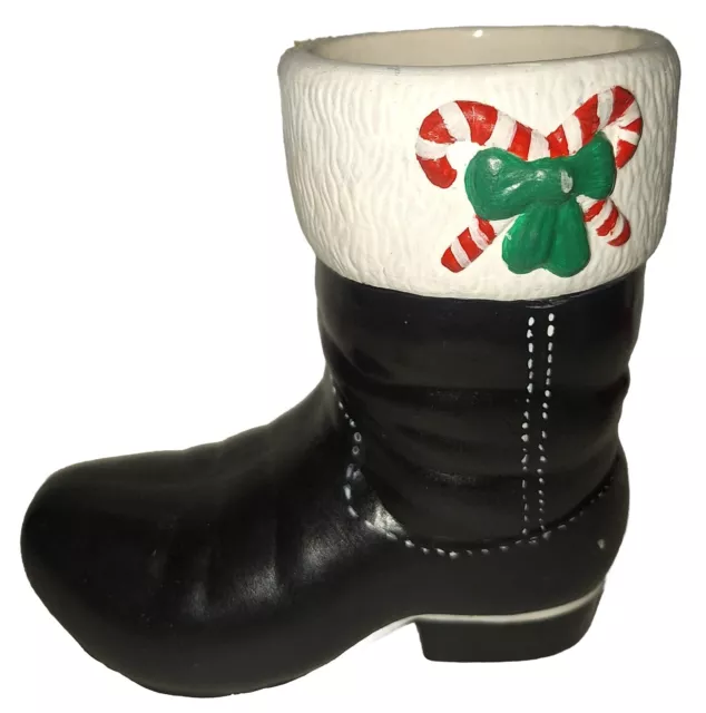 Vintage Large Ceramic Christmas Santa Boot Candy Cane Green Bow Planter 5" by 5"