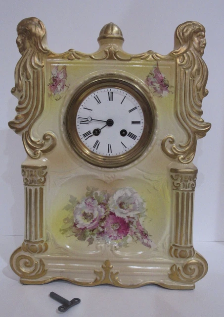 Antique French Porcelain Mantel Clock 8-Day, Time/Bell Strike, Key-wind