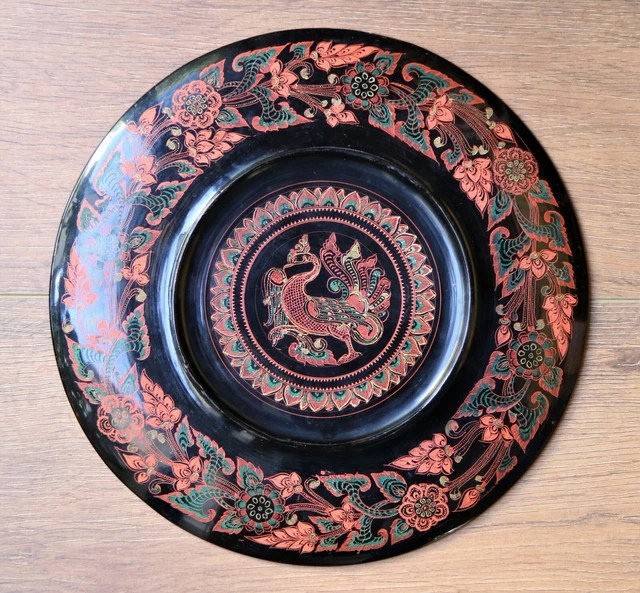 Antique/Vintage Burmese Lacquered Wooden Plate Hand Painted Amazing Detail 25cm 2