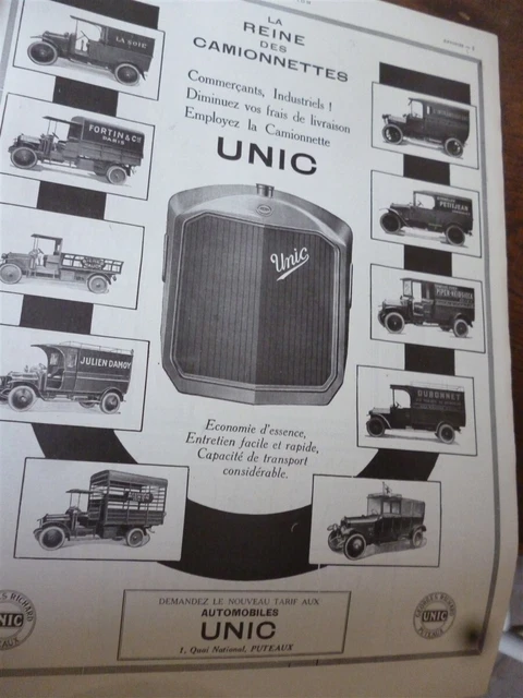UNIC la reine des camionnettes à PUTEAUX  publicité papier ILLUSTRATION 1922