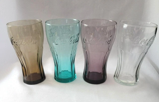 Set Of 4 Mcdonald' S Coca Cola Coke Brown Teal Green Purple Clear Glass Tumblers
