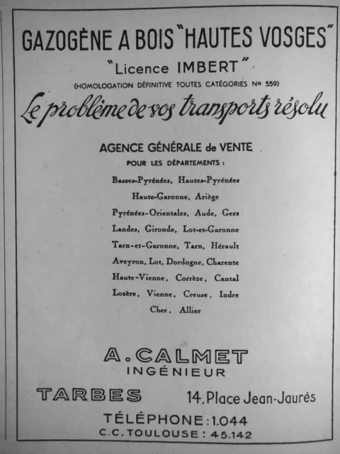 Publicité Gazogene A Bois Licence Imbert A. Calmet Ingenieur