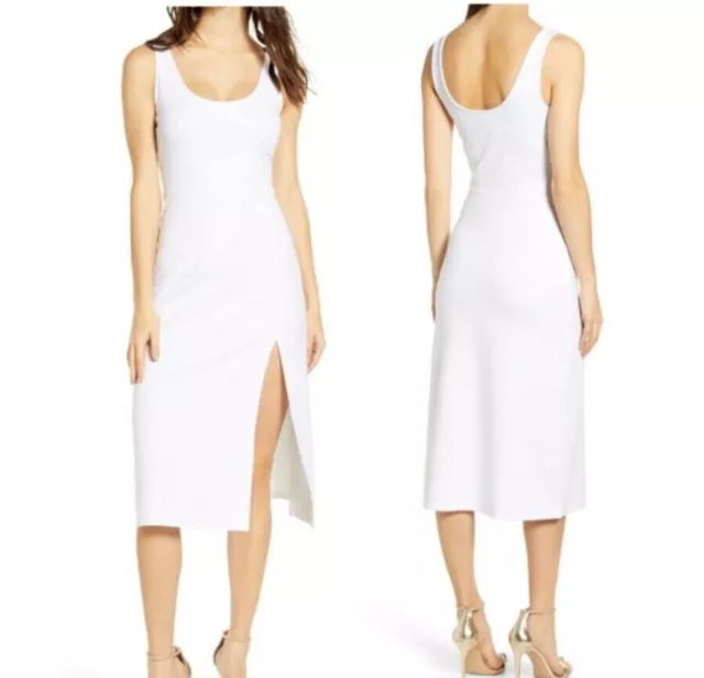 Leith White Dress Knit Midi Scoop Neck Side Slit Jersey Knit SZ XXS NWT