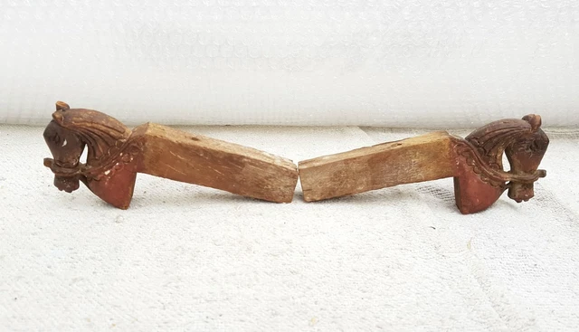 Ancien Vintage Début Fait en Bois Tribal Cheval Figurine Porte Panneau Paire 2