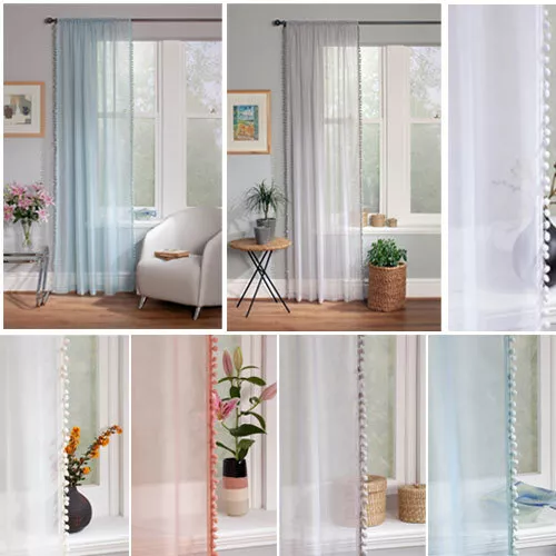 Pom Pom Trimmed Voile Slot Top Curtain Panels - 5 Colours 8 Sizes