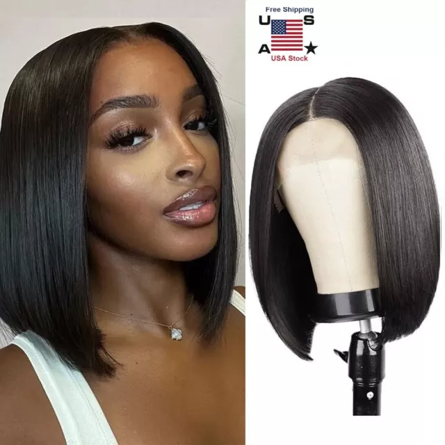 14" Black Synthetic Lace Front Wigs Short Bob Straight Natural Full Hair Wigs US