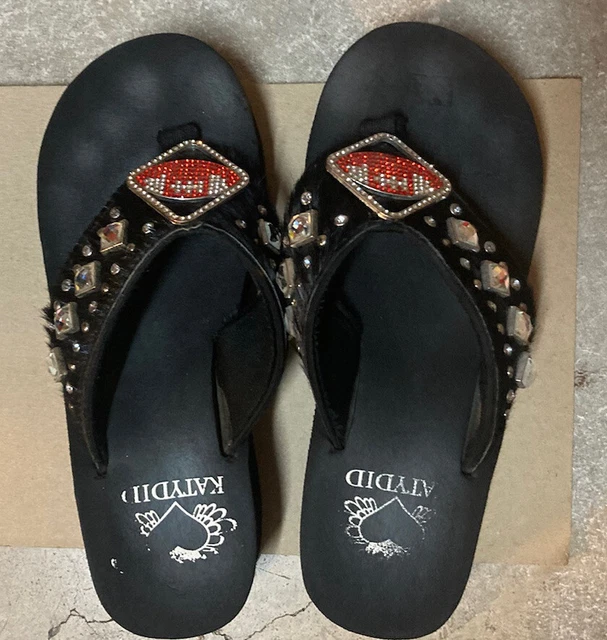 Katydid Black Rhinestone Football Bling Wedge Flip Flop 8