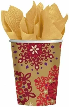 Christmas Treasures Red Gold Snowflakes Holiday Banquet Party 9 oz. Paper Cups