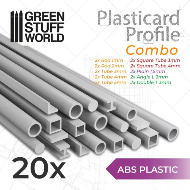 20x Perfiles Plasticard - COMBO-MIX - Tiras Plastico PVC ABS Poliestireno HIPS