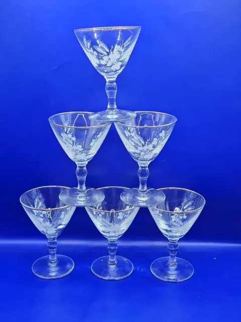 6 Gorgeous Vintage 1950s Small Floral  Stemmed Martini/Cocktail Glasses