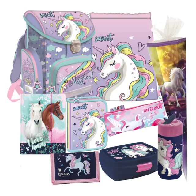 Einhorn Unicorn PFERD 9 *Teile* Set SCHULRANZEN RANZEN Schultüte TORNISTER Pony