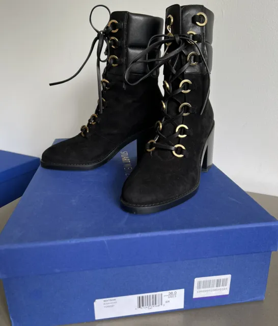 NIB Stuart Weitzman Dover Black Suede Block Heel Boots, US 5.5, EU 36