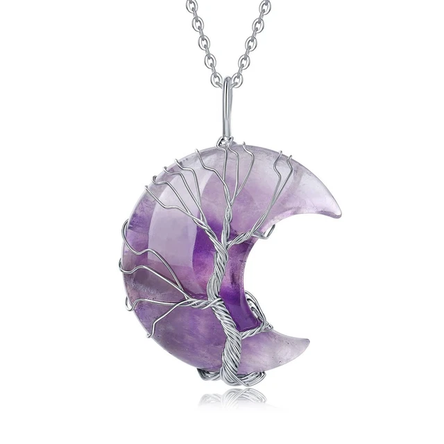Natural stone amethyst moon tree of life pendant necklace Handmade DIY necklace