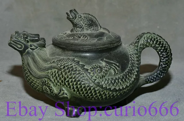 7" Antique Chinese Bronze Ware Dynasty Palace Dragon Handle Teapot Teakettle