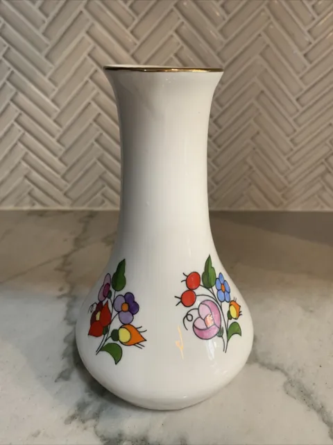 Kalocsa Vase Porcelain Hand Painted Hungary Floral Gold Trim 5“ Tall. Stamped.