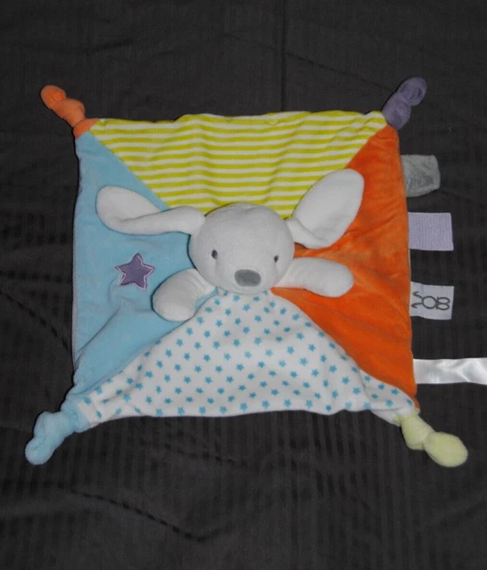 Doudou Plat Lapin OBAIBI OKAIDI Orange Vert Rayé Blanc  Etoiles Bleu Carré