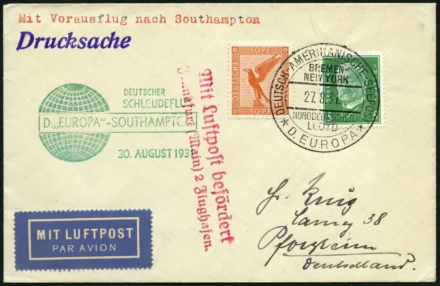 KATAPULTPOST 67c, 30.8.1931, Europa-Southampton, deutsche Seepostaufgabe, Drucks