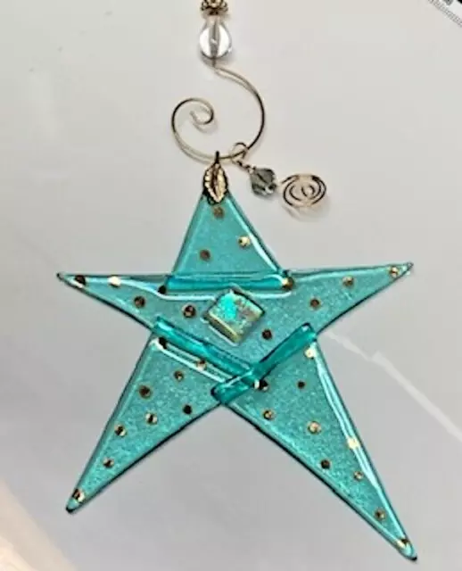 Fused Glass Handmade Sstar Sun catcher/ornament- Aqua-Dichroic Center