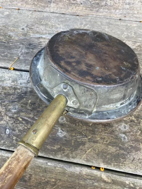 Antique Edwardian Copper Brass Bed Warming Pan 10.5" Diameter 4" Deep 41" Long