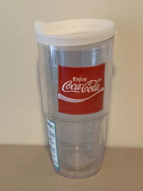 Coca-Cola Embroidered Red Patch 24oz "Enjoy" Tervis Tumbler Cup White Lid Clear