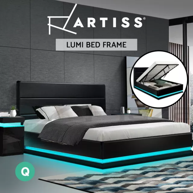 Artiss Bed Frame Queen Size RGB LED Gas Lift Storage Mattress Base Black LUMI