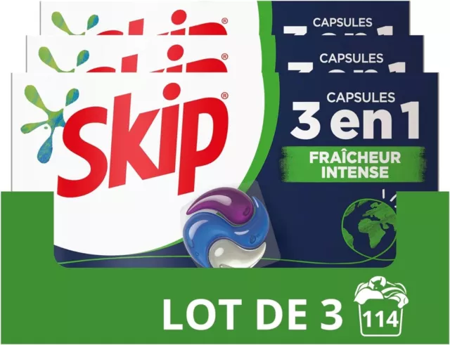 Pack LESSIVE SKIP 3 X 38 = 114 Capsules 3en1 FRAÎCHEUR INTENSE Lavage Doses Pods