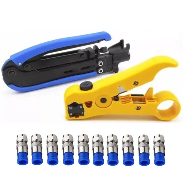 Coaxial Compression Tool Kit - Cable Crimper & Stripper with 10 F Connectors