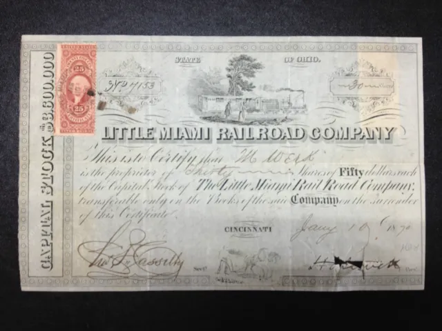 👍 Usa Little Miami Railway Company 1870 Thirty Shares Certificate