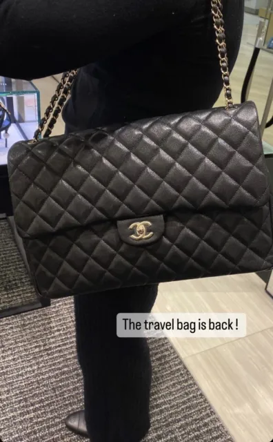 NEW 24C CHANEL XXL Black Caviar Classic Travel Flap Bag Gold CC Handbag 😍 3