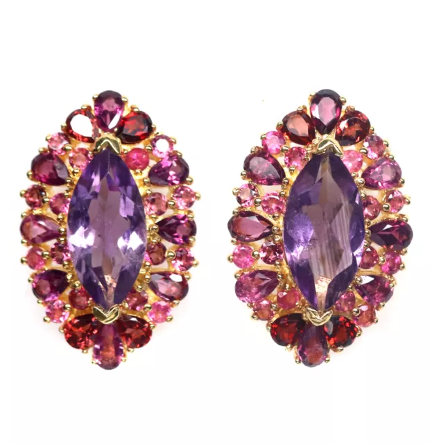 7 X 16 Mm. Purple-Amethyst Rhodolite & Tourmaline Boucles D'Oreilles Argent 925