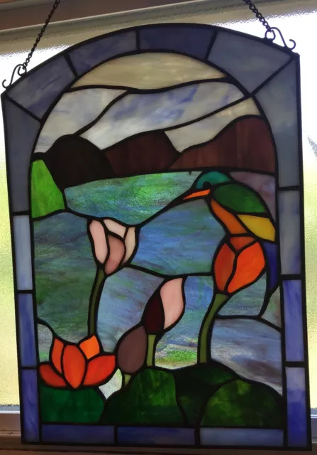 Stained Glass Hummingbird Floral Colorful Panel Tulip Window Vtg 14x10'