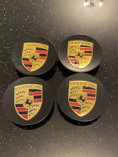 4X PORSCHE GLOSS Black Wheel Centre Caps with Porsche Crests