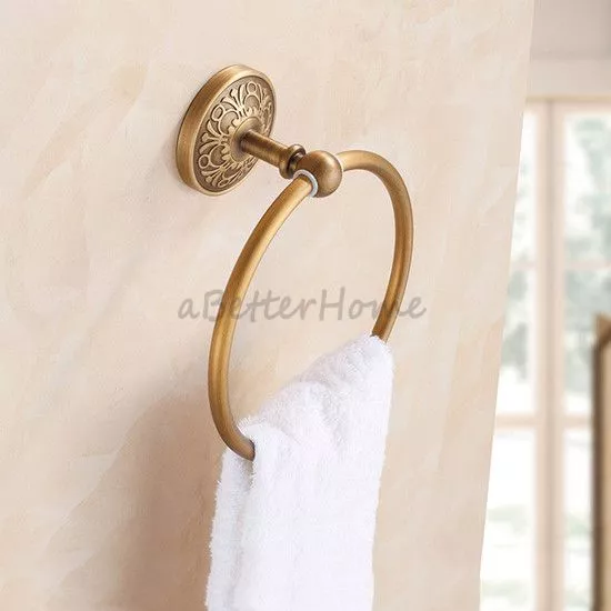 Carved Antique Brass Bathroom Round Towel Ring Rack Hanger Holder Wall Mounted