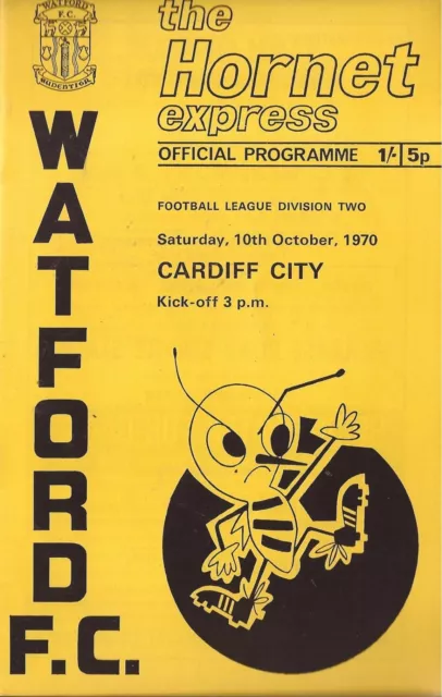 Watford v Cardiff City - Div 2 - 10/10/1970 - Football Programme