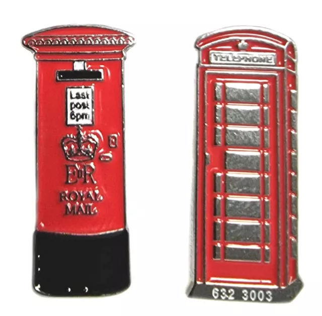 Two Metal Enamel Pin Badge - UK GB Post Box (Letter Mail Pillar) Telephone Box