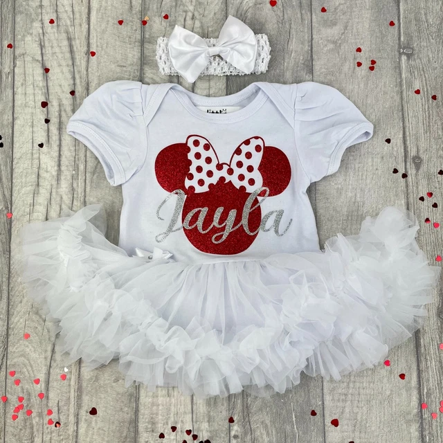 DISNEY BAMBINA MINNIE MOUSE TUTU ROMPER Nome personalizzato, abito rosso e bianco