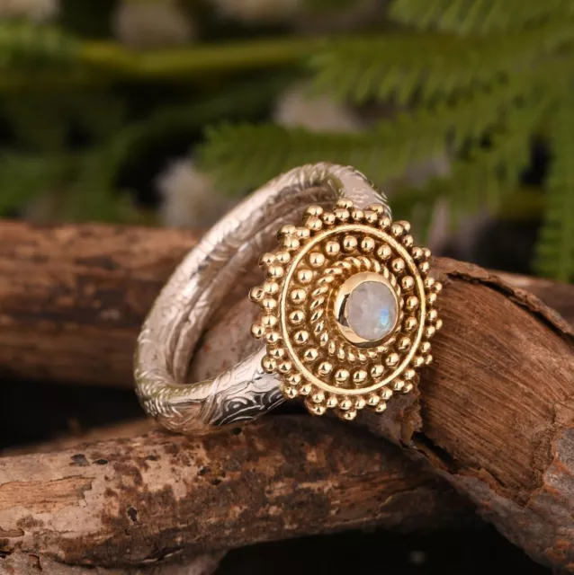 Leaf Engraved Wide Dotted Band Flower Style Moonstone Ring For Man & Women New