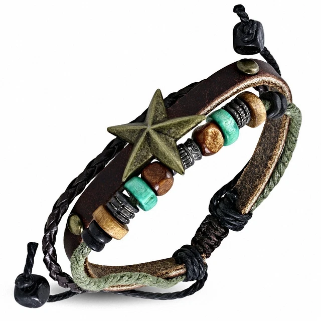 Bracelet En Cuir Marron Ajustable Avec Perles Karma - Style Bohème, Cordons Multicolores