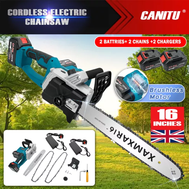 16'' Electric Cordless Chainsaw Powerful Wood Cutter Saw w/ 2 Battery For Makita