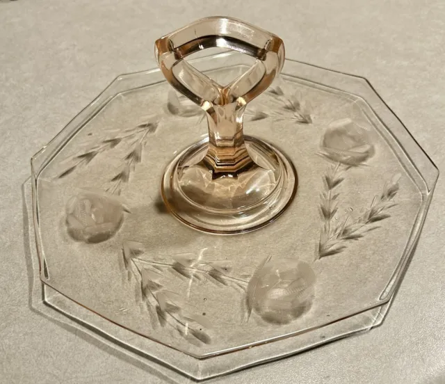VINTAGE Depression Glass Tidbit Tray PALE PINK etched Floral octagon Handle