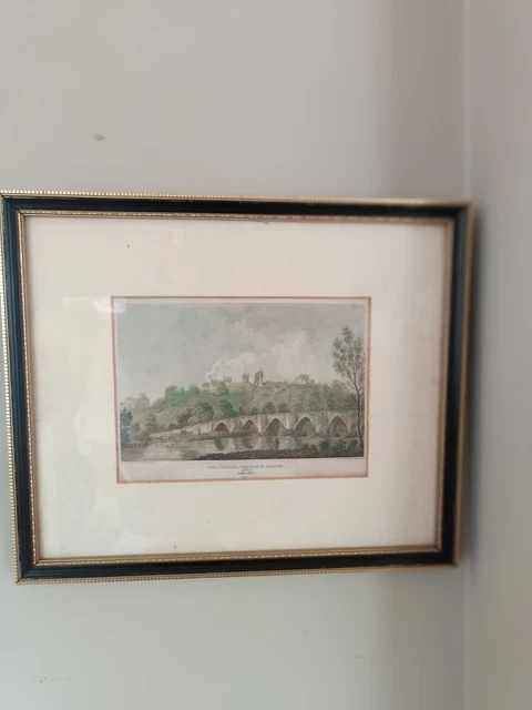 Gerahmter ALTER DRUCK TUTBURY KIRCHE SCHLOSS BRIDGE STAFFORDSHIRE c1810 GRAVUR