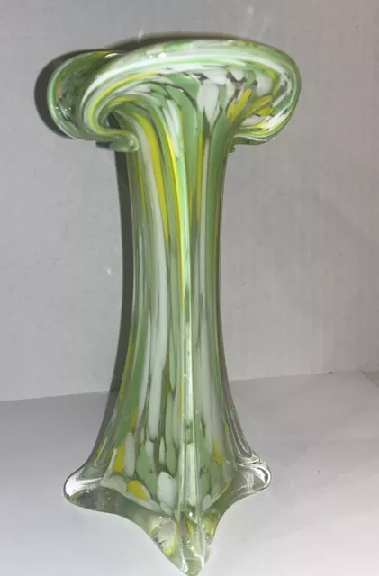 Murano Style Art Glass Jack In The Pulpit Vase  Hand Blown Yellow Green Swirl 8”