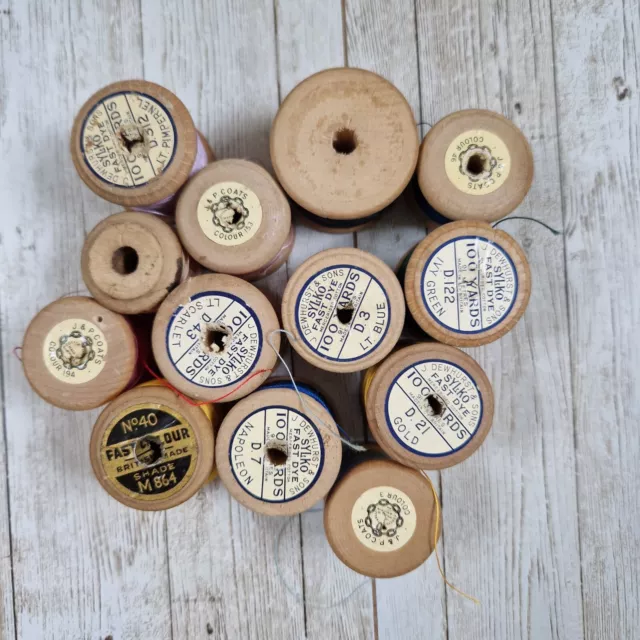 Set of Old Vintage Wooden Cotton Sewing Reels Threads Sylko Coats and More 3