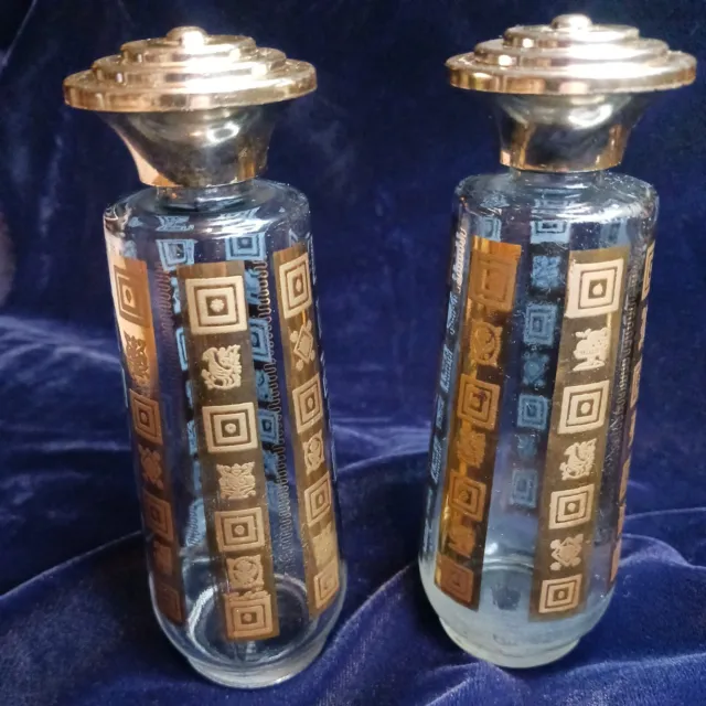RARE VTG Culver Art Deco MCM Salt Pepper Shakers Glass 24K Gold Signed in Script