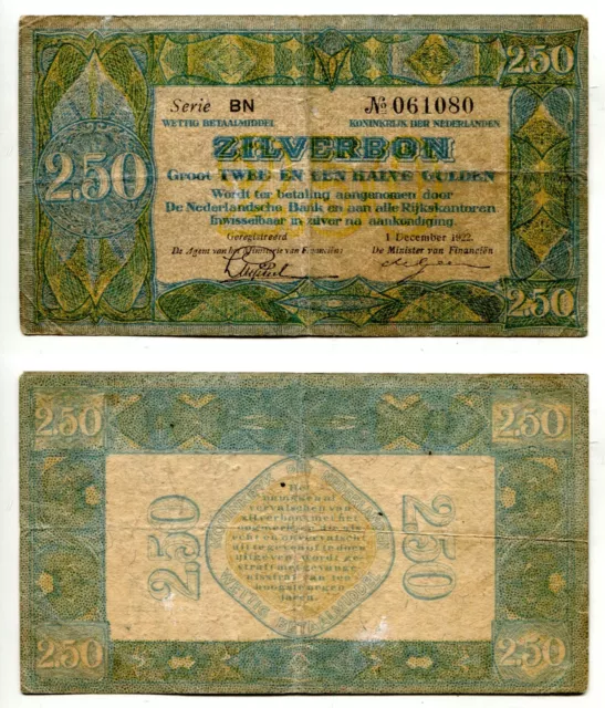 2,50 Gulden Niederlande / Netherlands 1.12.1922 Zilverbon, Erhaltung IV  P. 18