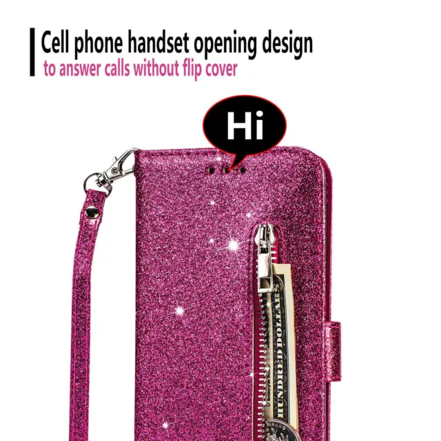 Case For iPhone 11 12 13 14 Pro Max Zipper Bling Glitter Wallet Stand Card Cover 3