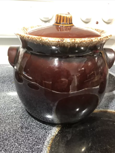 Vintage Hull Pottery Brown Drip Bean Pot Crock 6 Inches With Lid Oven Proof USA