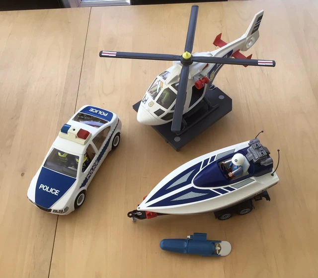 PLAYMOBIL POLICE HELICOPTER, Patrol Car, Boat With Motor and Trailer