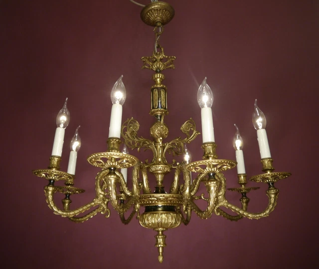 Antique Vintage 8 Light Empire Chandelier Black Varnish Brass Old Lamp Ø 28"